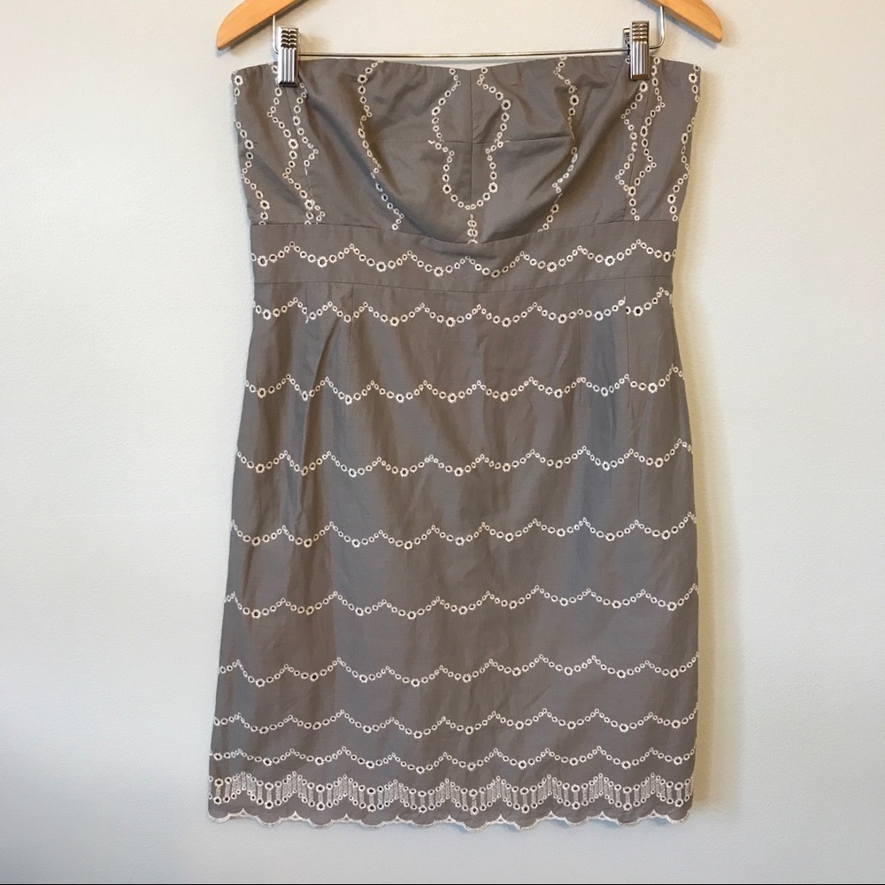 J. Crew strapless gray & white eyelet dress